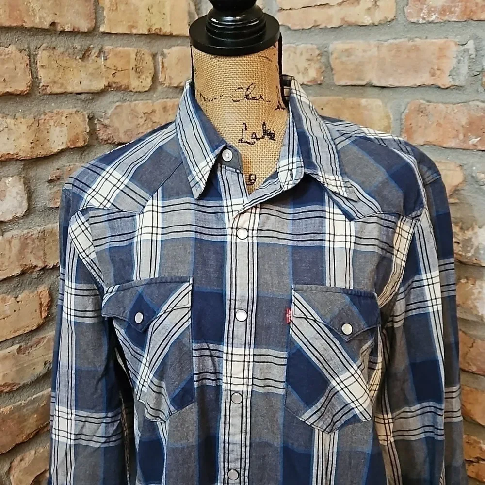 Levi's Men’s Blue Plaid Western Pearl Snap Shirt – Size Large